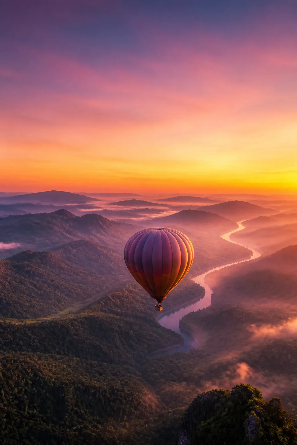 Hot-air balloon above a misty valley