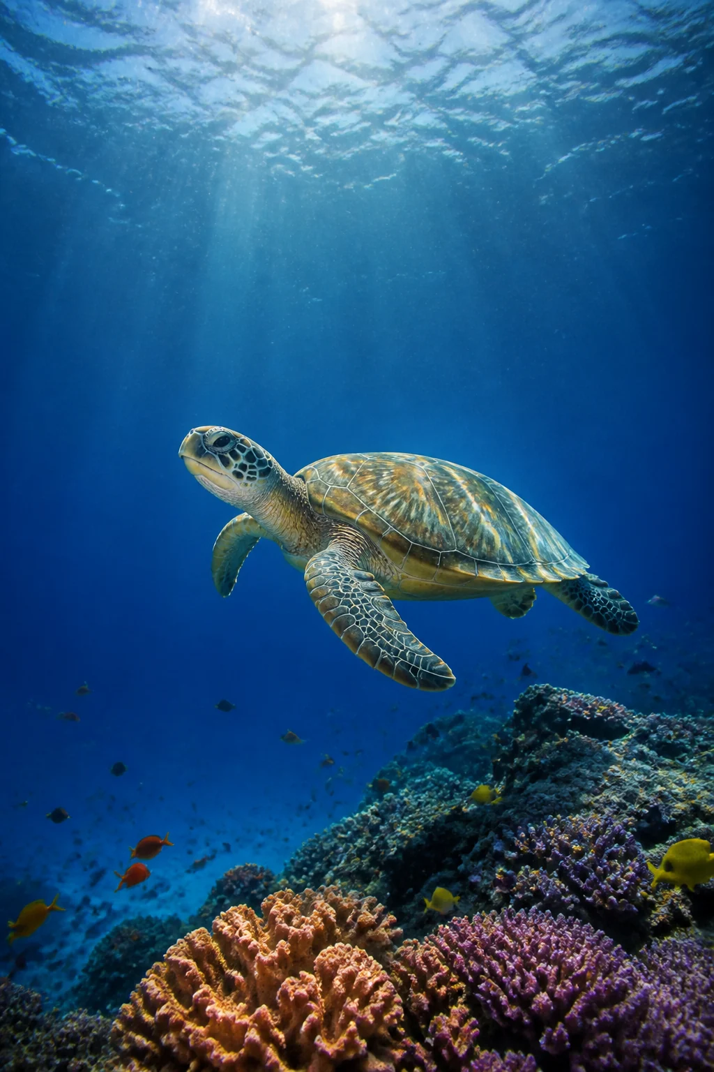 Sea turtle swimming over a coral reef