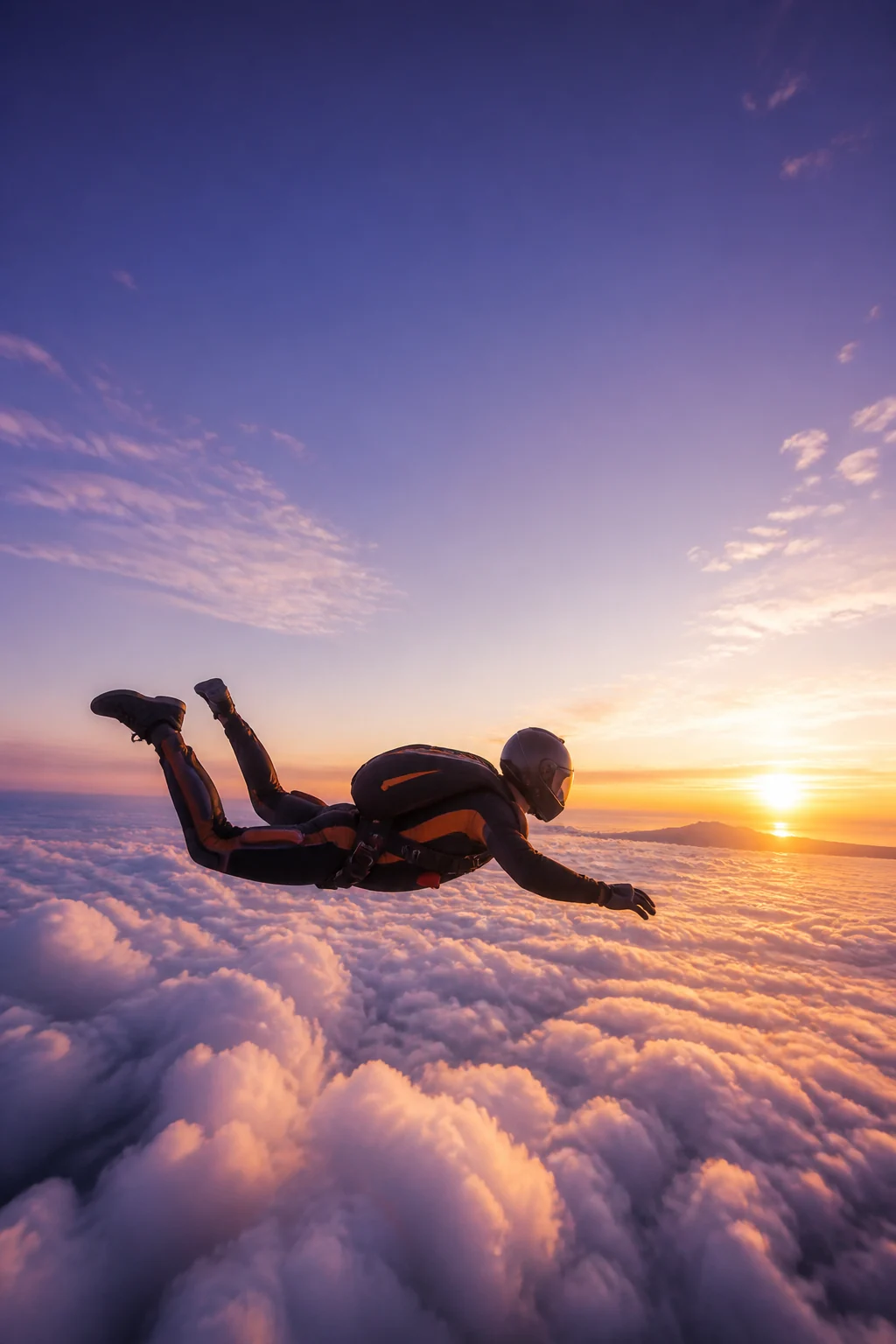 Skydiver above clouds at sunset