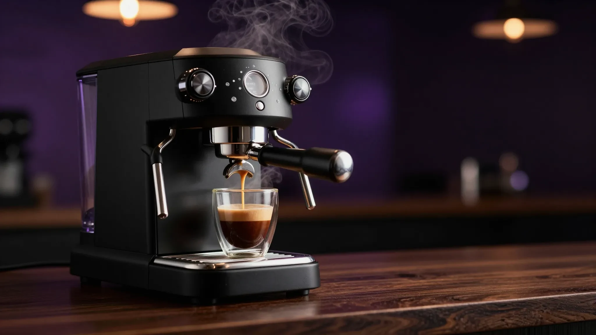 An espresso machine pulling a shot, rendered in 16:9 landscape