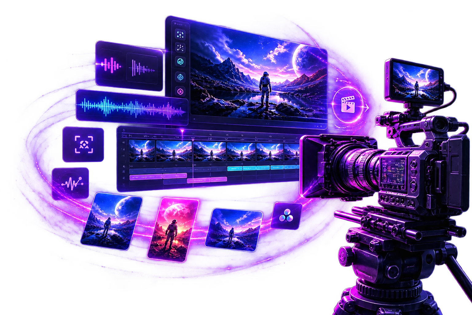 A cinema camera, video timeline and audio panels illustrating Artquil's integrated video features