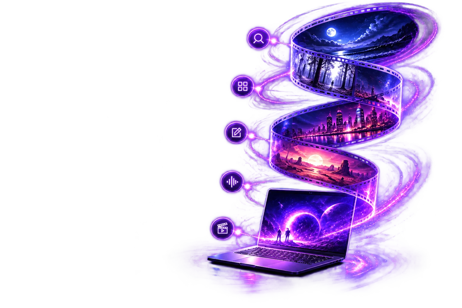 A luminous film ribbon rising from a laptop, illustrating Artquil's five-stage prompt-to-film workflow
