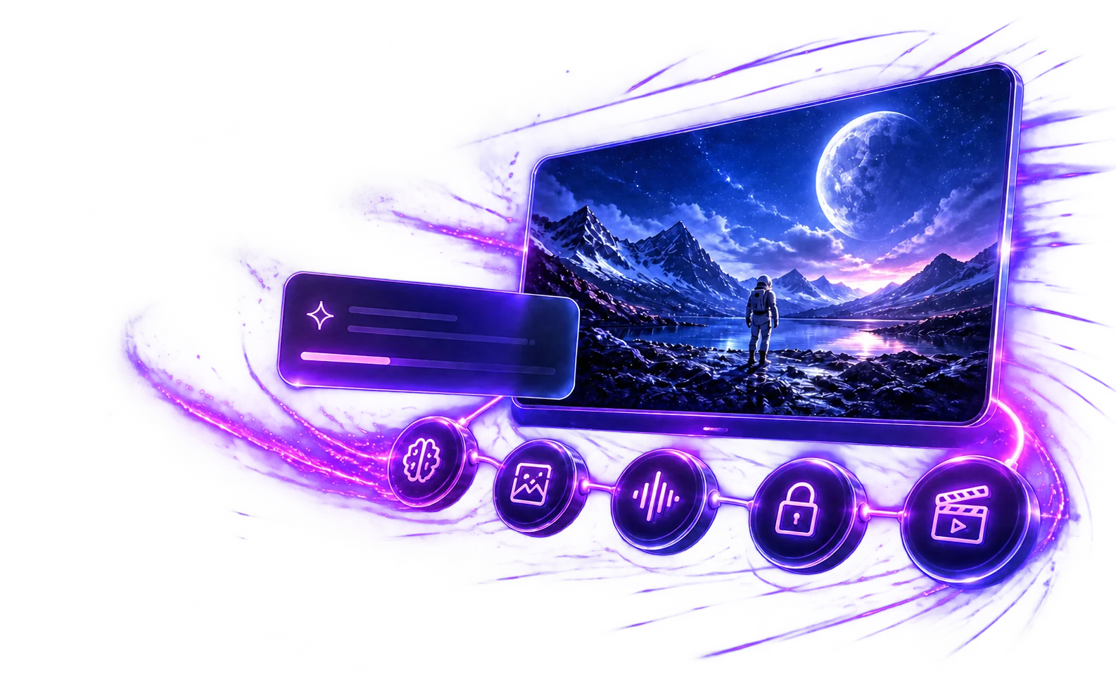 A cinematic Artquil workflow illustration: a prompt becomes a moonlit video frame with picture, sound, locking and export stages