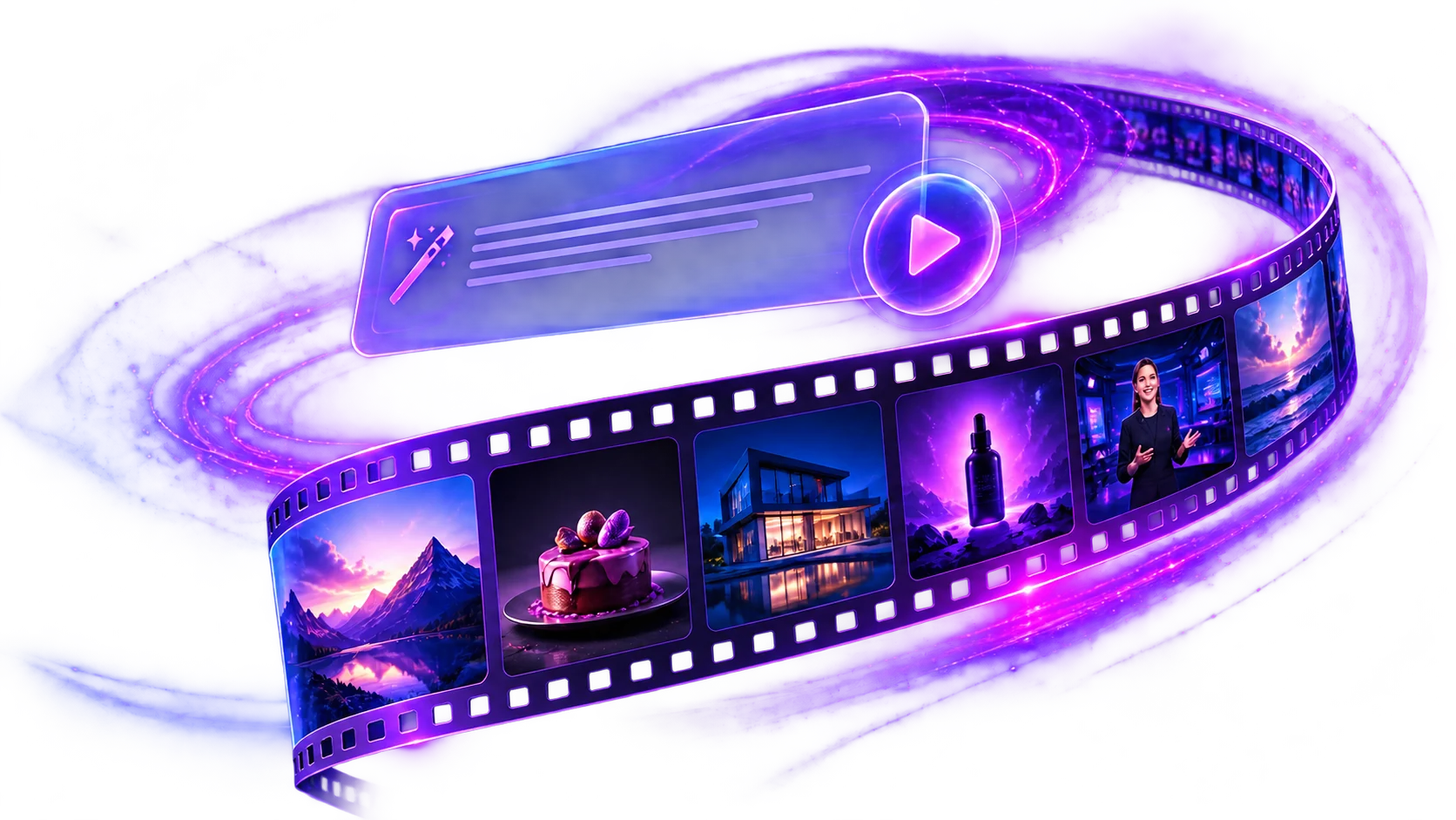 A glowing violet film reel with six original cinematic frames, representing the Artquil showcase