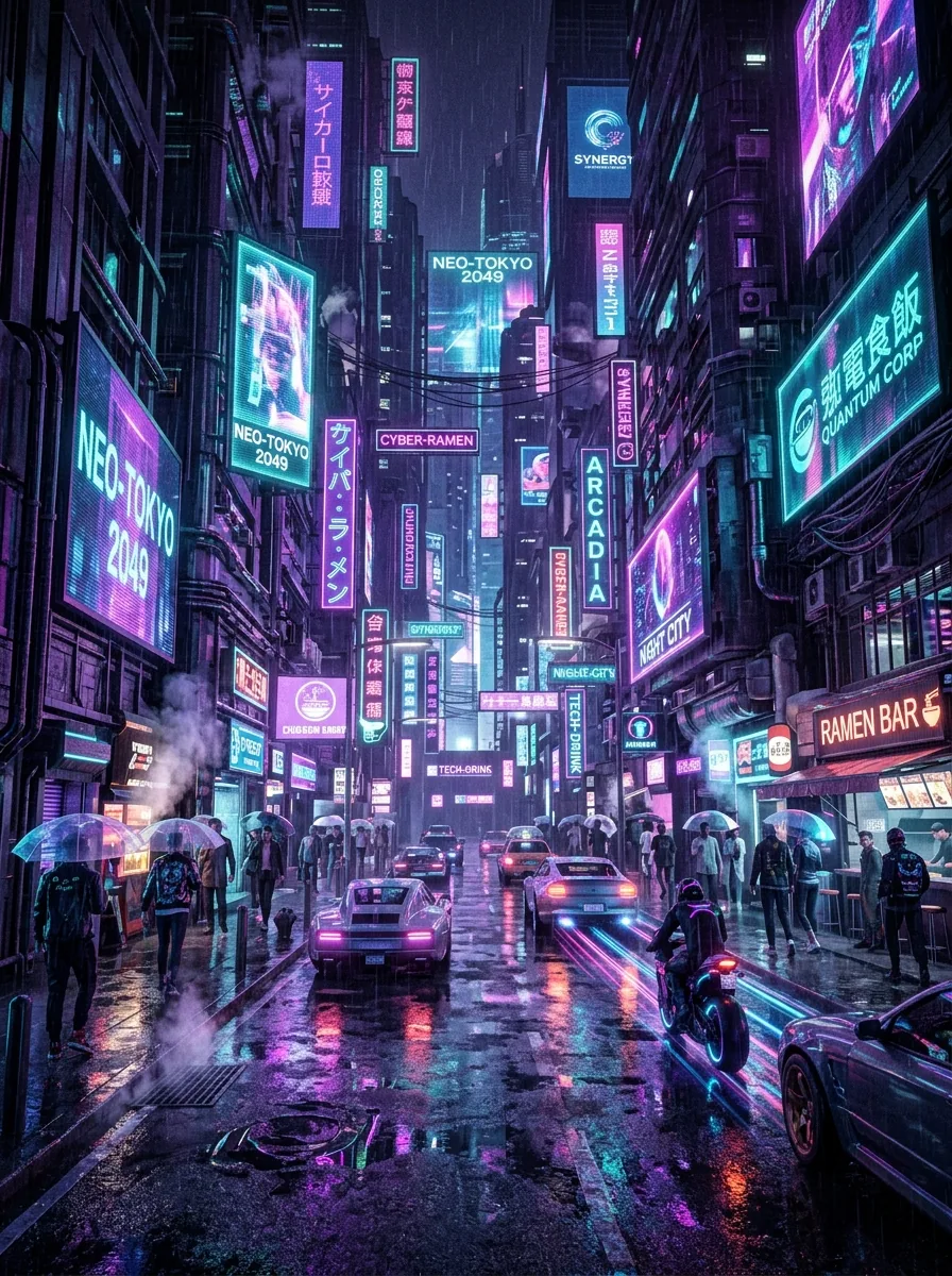 Luminescent neon city skyline with flying vehicles and glowing reflections